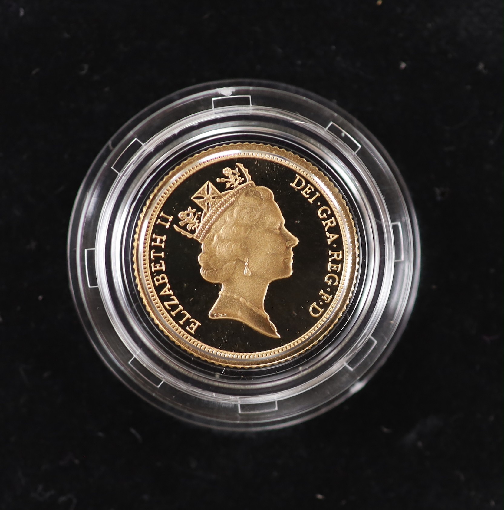 An Elizabeth II 1991 gold proof half sovereign, with box and certificate.